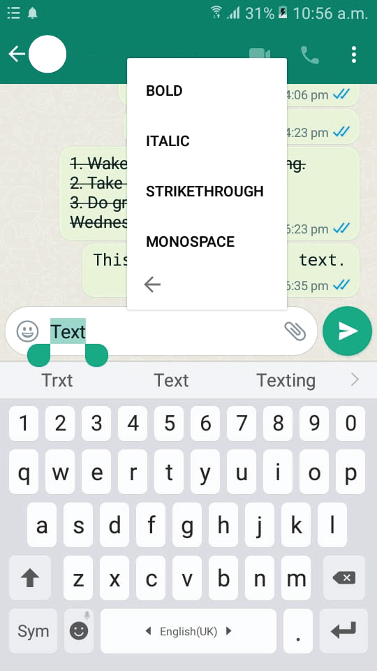 Demonstration of text formatting options in Android.